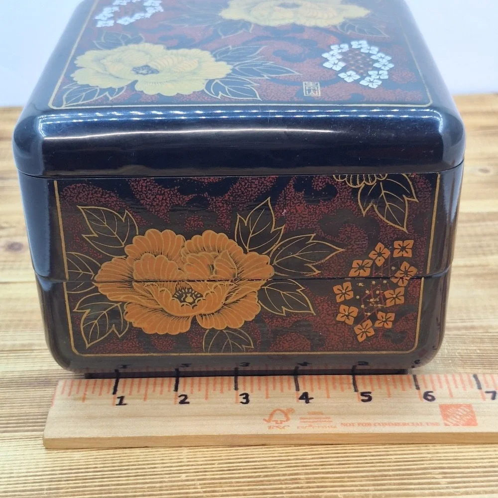 Floral Black Lacquered Jewelry Box 2 Tier With Lid Made in Taiwan VTG‎ Interpur
